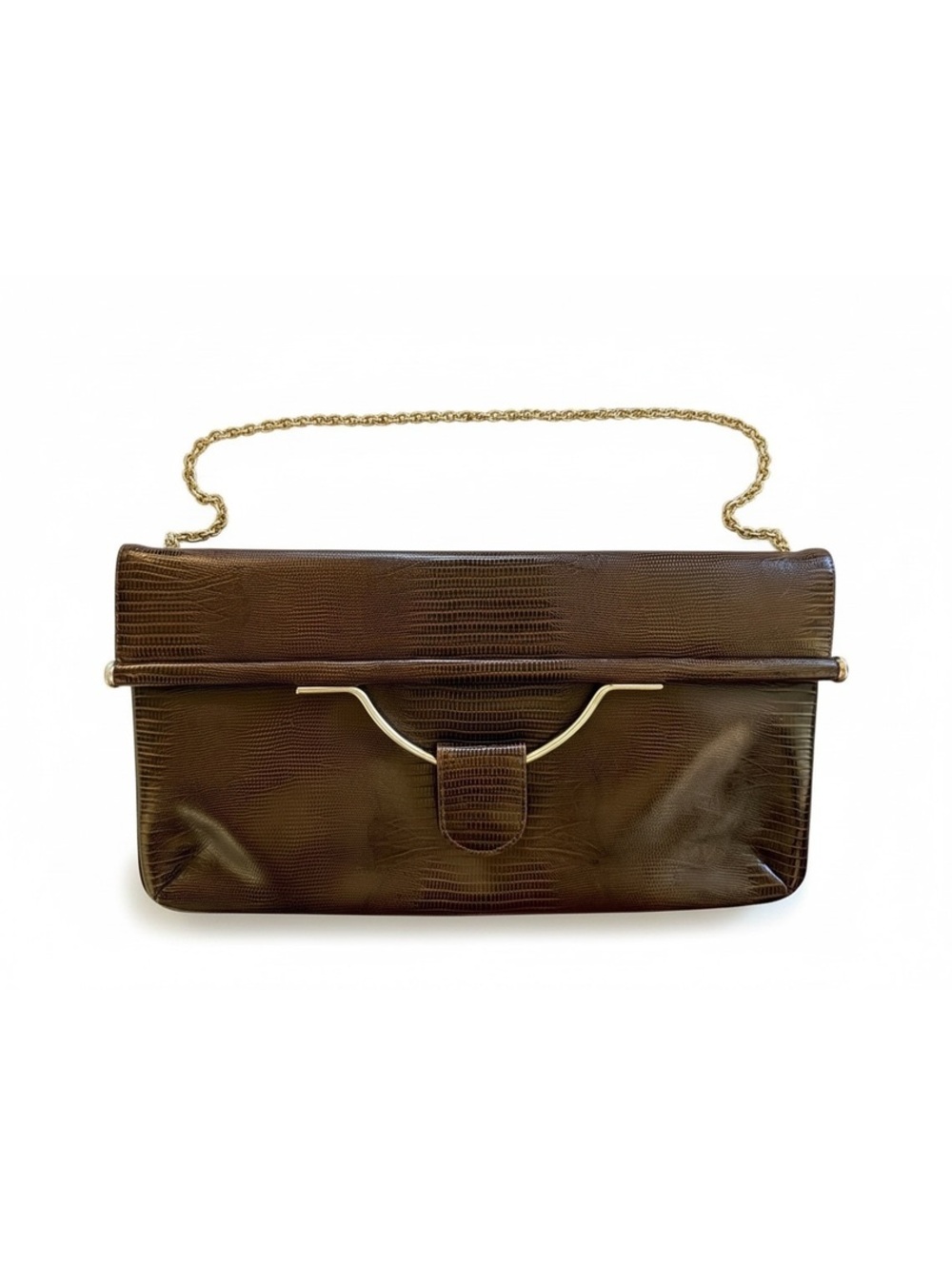 Caprice Vintage Brown Lizard Skin Embossed Clutch Gold Strap